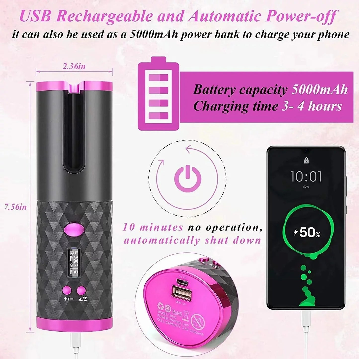 Portable Automatic Hair Curler, Ceramic Rotating Wireless Auto Curling Iron Wand, Portable USB Rechargeable Spin Curler for Hair Styling (Black)
