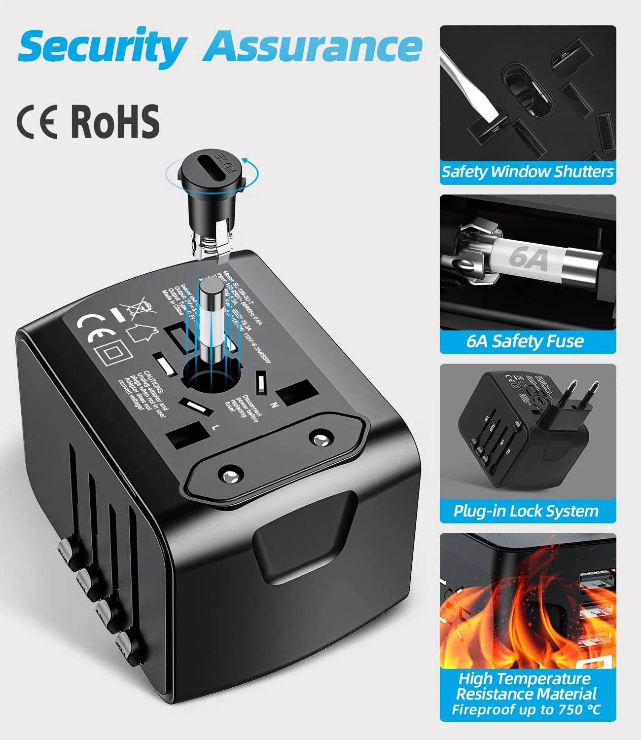 Universal Travel Adapter, European Travel Plug Adapter with Type C, Black