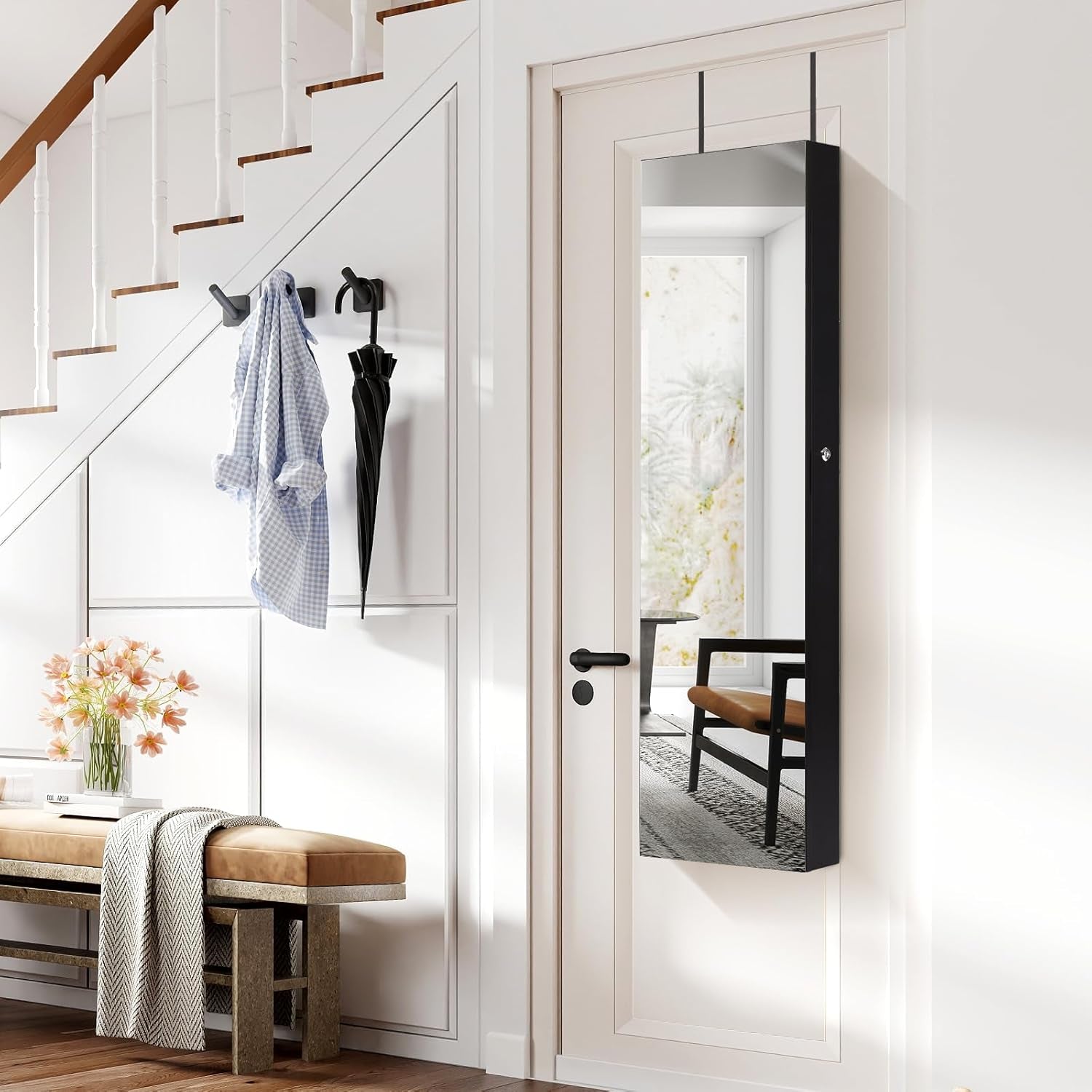 Wall Door Mounted Jewelry Armoire Cabinet with 47.5" H Full Length Mirror, 2 Leds Lockable Jewelry Organizer Box with Bracelet Rod, 2 Drawers, Large Storage Capacity (Black)