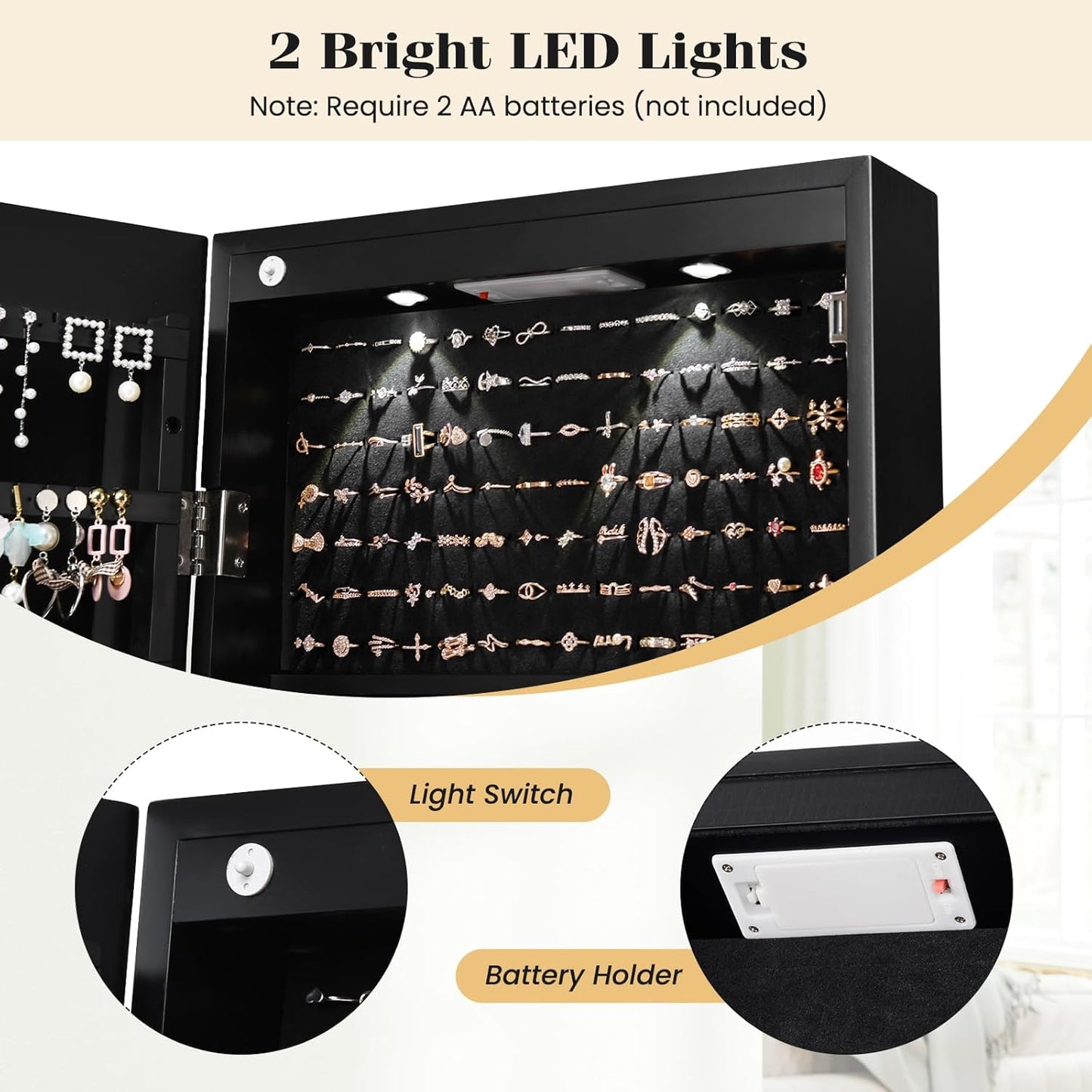 Wall Door Mounted Jewelry Armoire Cabinet with 47.5" H Full Length Mirror, 2 Leds Lockable Jewelry Organizer Box with Bracelet Rod, 2 Drawers, Large Storage Capacity (Black)