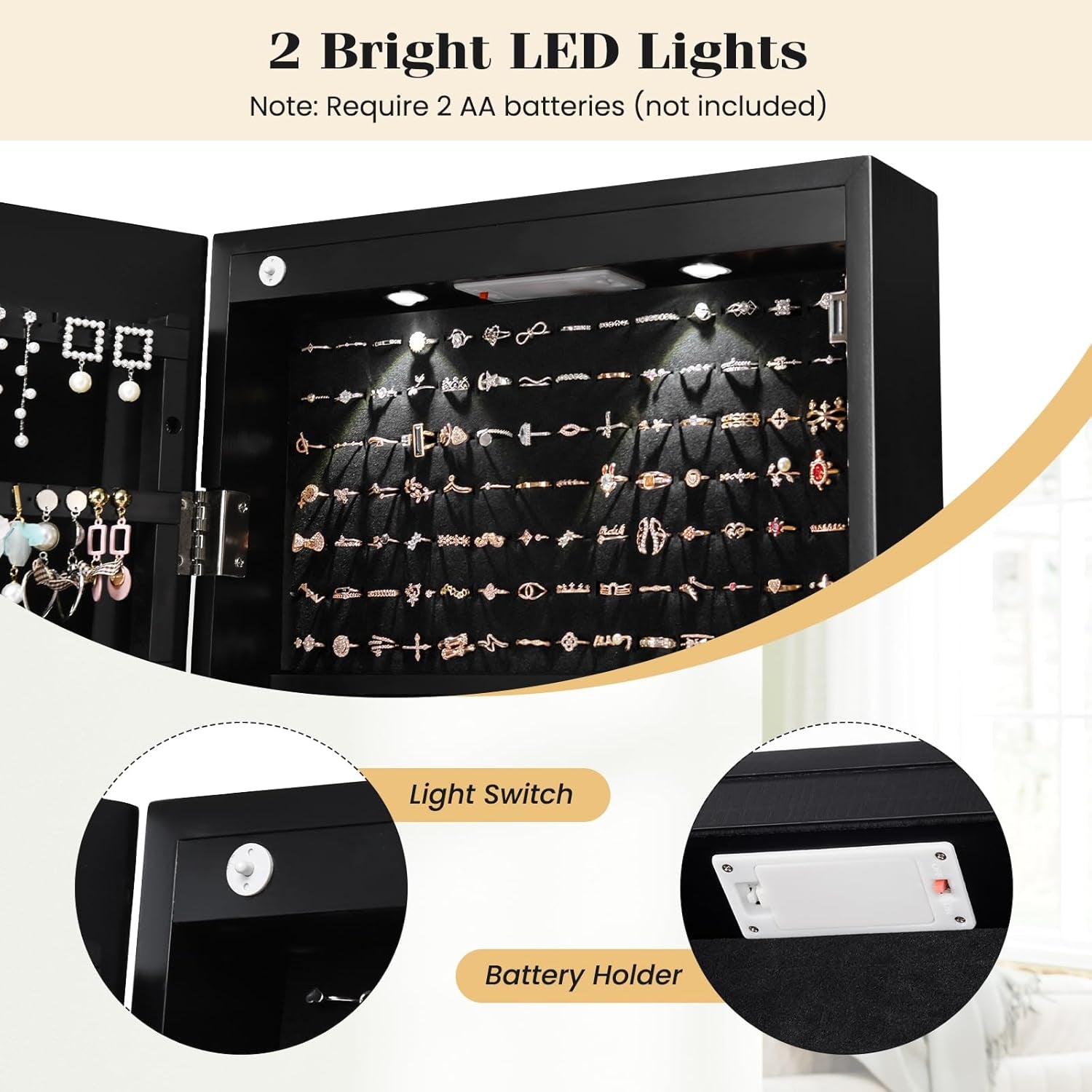 Wall Door Mounted Jewelry Armoire Cabinet with 47.5" H Full Length Mirror, 2 Leds Lockable Jewelry Organizer Box with Bracelet Rod, 2 Drawers, Large Storage Capacity (Black)