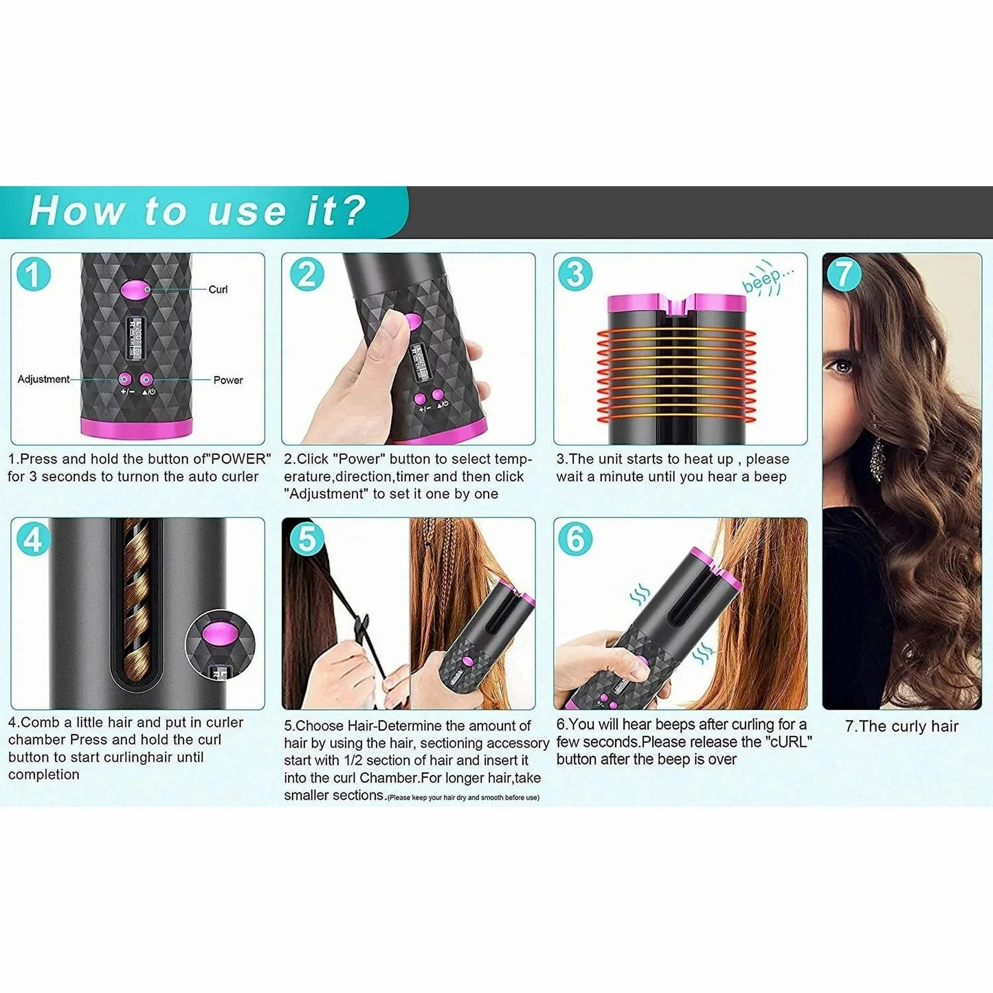 Portable Automatic Hair Curler, Ceramic Rotating Wireless Auto Curling Iron Wand,  Portable USB Rechargeable Spin Curler for Hair Styling (Black)