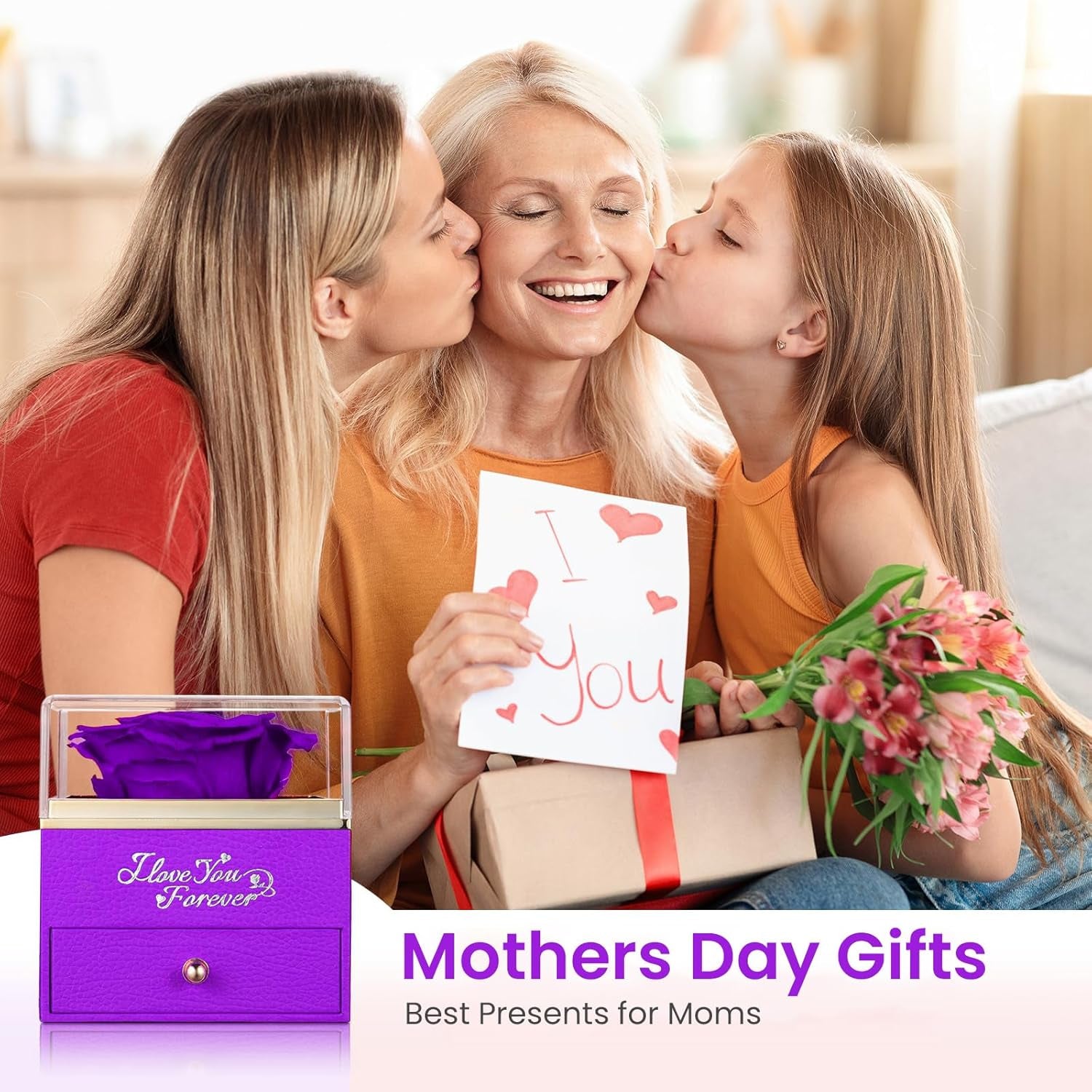 Preserved Real Purple Rose with Heart Necklace, Eternal Flowers Gifts for Mom Grandma Wife Girlfriend on Christmas, Valentines, Mothers Day, Anniversary, Birthday, I Love You Gifts for Her