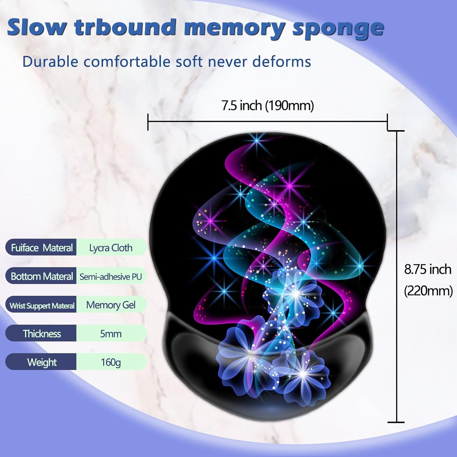 Ergonomic Wrist Rest Support, Gaming Mouse Pad 8.7 X 7.5 Inches for Computer, Laptop, Home, Office (Purple Blue Light)