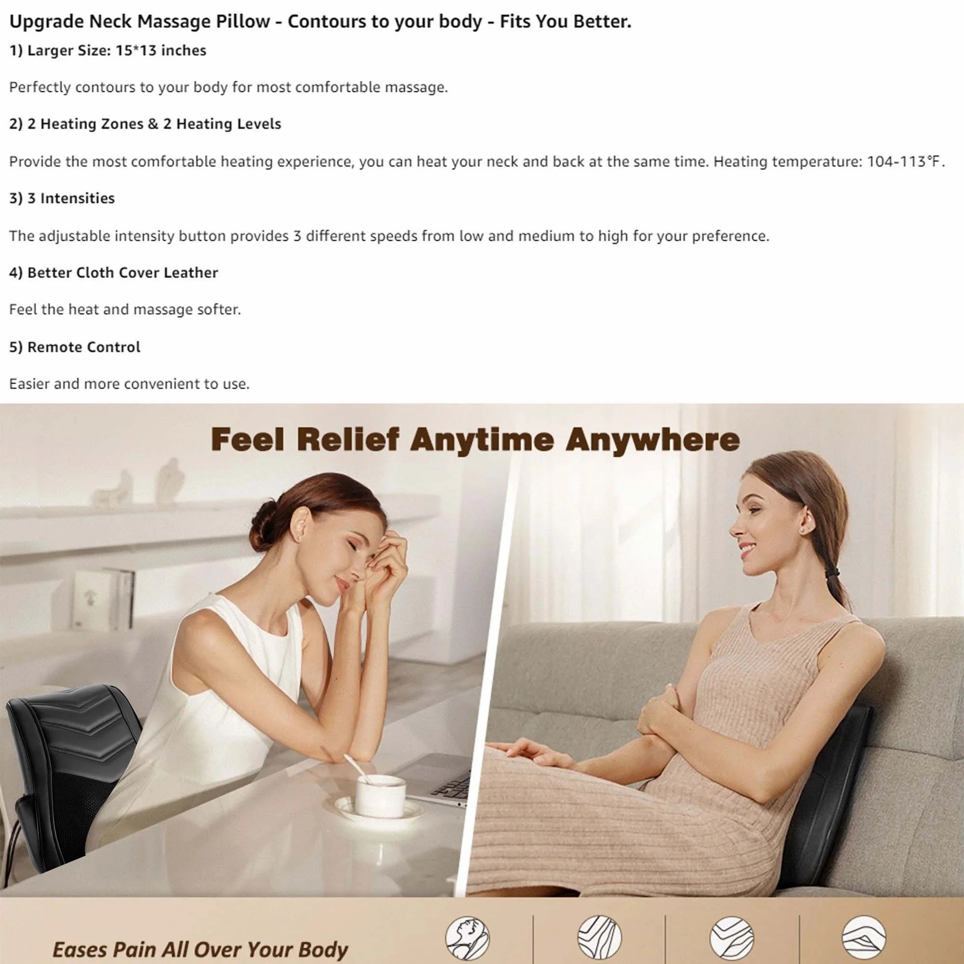 Neck & Back Massager with Heat — 3D Deep-Kneading Shiatsu Pillow, Black — Home Use & Gift for Mom & Dad