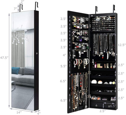 Wall Door Mounted Jewelry Armoire Cabinet with 47.5" H Full Length Mirror, 2 Leds Lockable Jewelry Organizer Box with Bracelet Rod, 2 Drawers, Large Storage Capacity (Black)