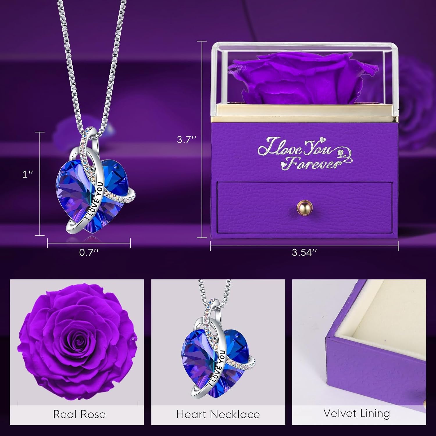 Preserved Real Purple Rose with Heart Necklace, Eternal Flowers Gifts for Mom Grandma Wife Girlfriend on Christmas, Valentines, Mothers Day, Anniversary, Birthday, I Love You Gifts for Her