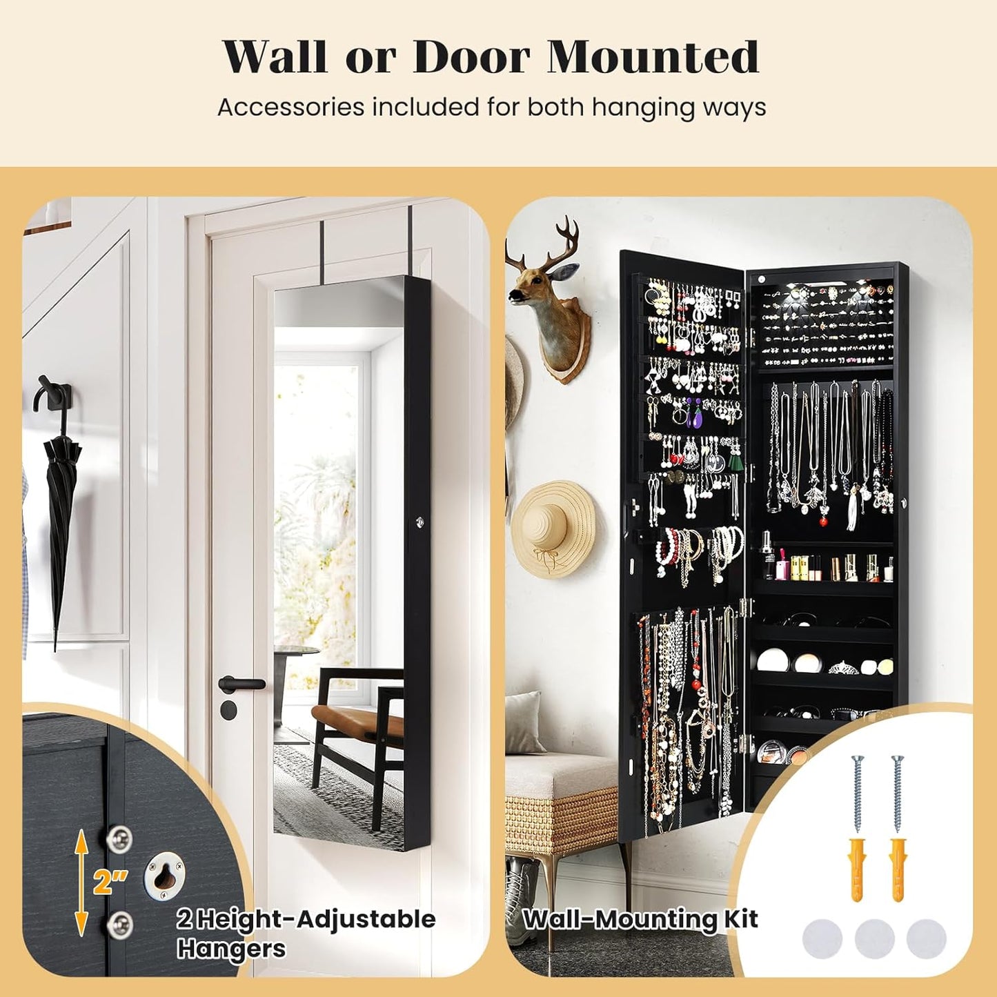 Wall Door Mounted Jewelry Armoire Cabinet with 47.5" H Full Length Mirror, 2 Leds Lockable Jewelry Organizer Box with Bracelet Rod, 2 Drawers, Large Storage Capacity (Black)
