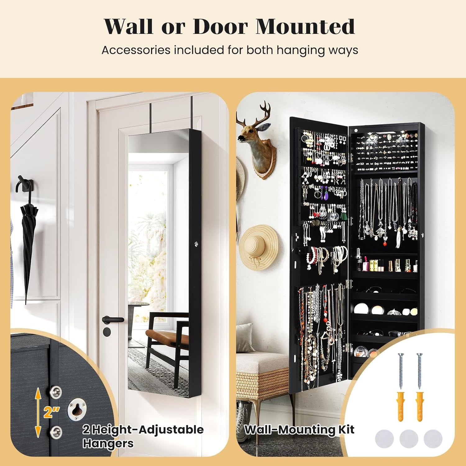 Wall Door Mounted Jewelry Armoire Cabinet with 47.5" H Full Length Mirror, 2 Leds Lockable Jewelry Organizer Box with Bracelet Rod, 2 Drawers, Large Storage Capacity (Black)