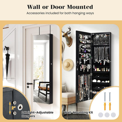 Wall Door Mounted Jewelry Armoire Cabinet with 47.5" H Full Length Mirror, 2 Leds Lockable Jewelry Organizer Box with Bracelet Rod, 2 Drawers, Large Storage Capacity (Black)