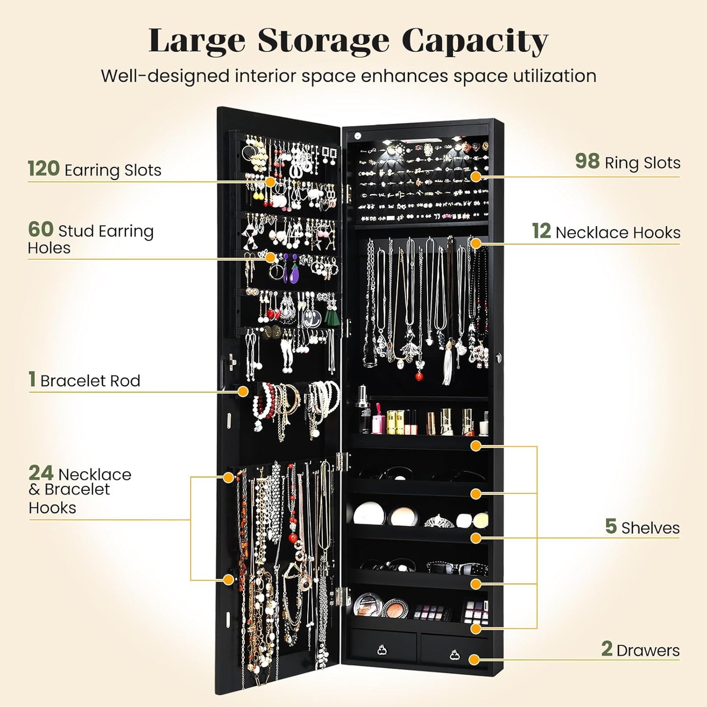Wall Door Mounted Jewelry Armoire Cabinet with 47.5" H Full Length Mirror, 2 Leds Lockable Jewelry Organizer Box with Bracelet Rod, 2 Drawers, Large Storage Capacity (Black)