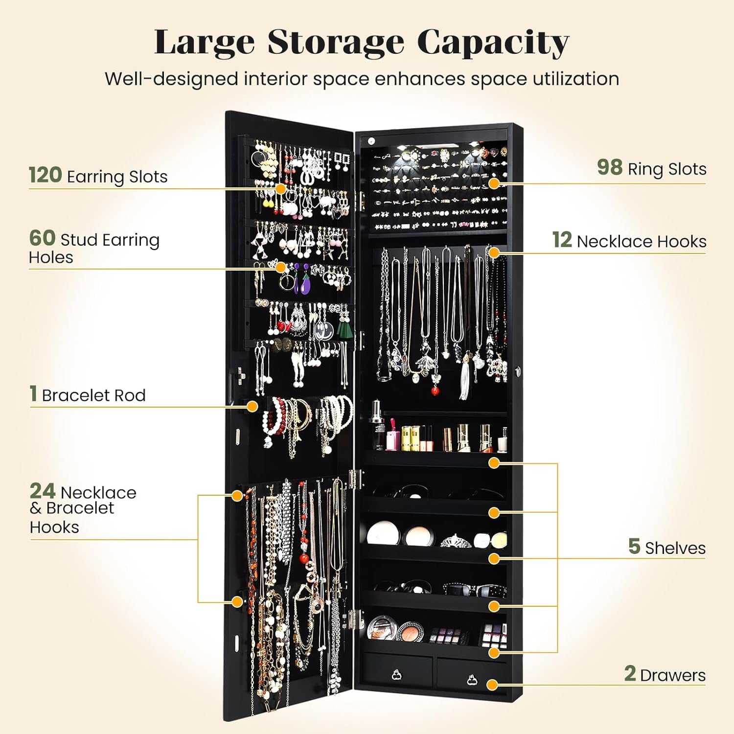 Wall Door Mounted Jewelry Armoire Cabinet with 47.5" H Full Length Mirror, 2 Leds Lockable Jewelry Organizer Box with Bracelet Rod, 2 Drawers, Large Storage Capacity (Black)