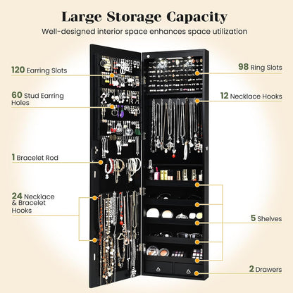 Wall Door Mounted Jewelry Armoire Cabinet with 47.5" H Full Length Mirror, 2 Leds Lockable Jewelry Organizer Box with Bracelet Rod, 2 Drawers, Large Storage Capacity (Black)