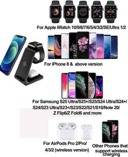 Wireless Charger Stand Dock 3 in 1 Fast Qi Wireless Charging Station Pad for Multiple Devices Apple Watch Ultra/9/8/7/6/Se/5/4/3/2,Airpods Pro,Iphone 16/15/15 Pro/14/13/12/11/X/8 Phone,Women Men Gift