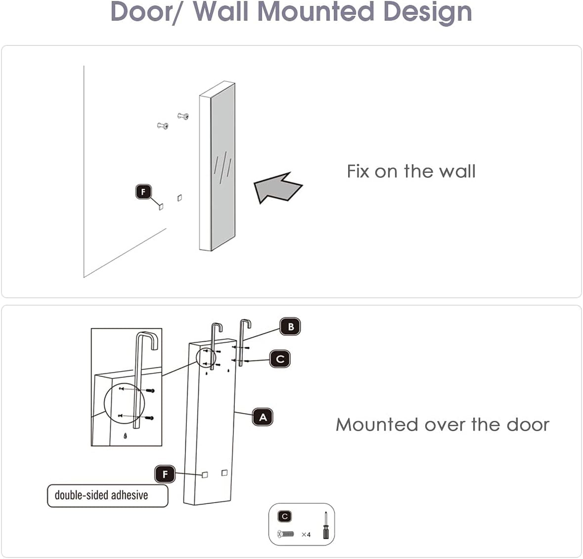 Wall Door Mounted Jewelry Armoire Cabinet with 47.5" H Full Length Mirror, 2 Leds Lockable Jewelry Organizer Box with Bracelet Rod, 2 Drawers, Large Storage Capacity (Black)
