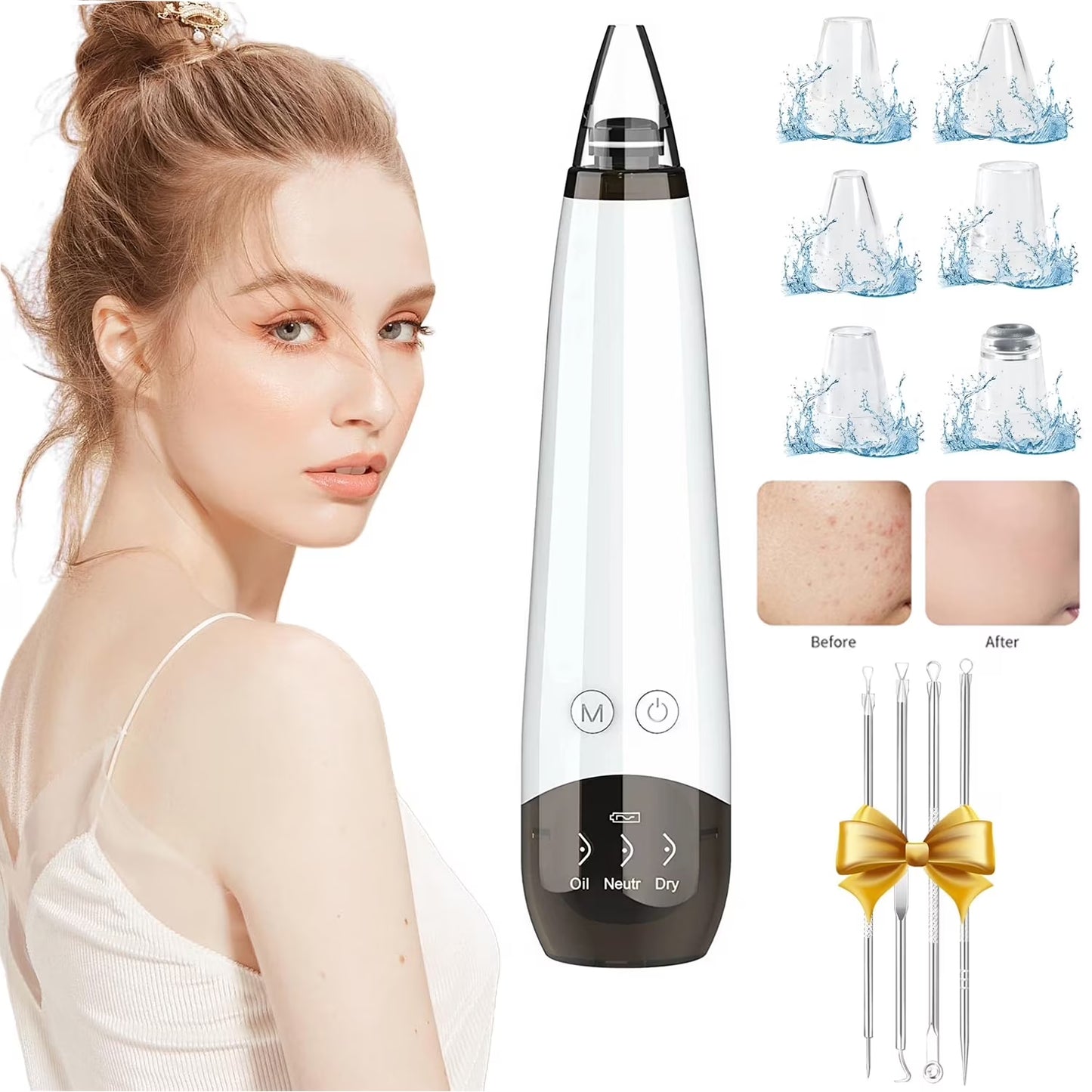 Blackhead Remover Pore Vacuum Cleaner Pimple Extractor - Facial Pore Cleaner Pore Extractor - Electric USB Pore Vacuum with 5 Probes - Blackhead Suction Tool - Blackhead Remover Kit (White)
