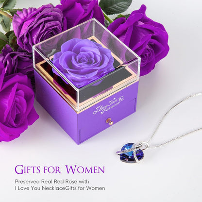 Preserved Real Purple Rose with Heart Necklace, Eternal Flowers Gifts for Mom Grandma Wife Girlfriend on Christmas, Valentines, Mothers Day, Anniversary, Birthday, I Love You Gifts for Her