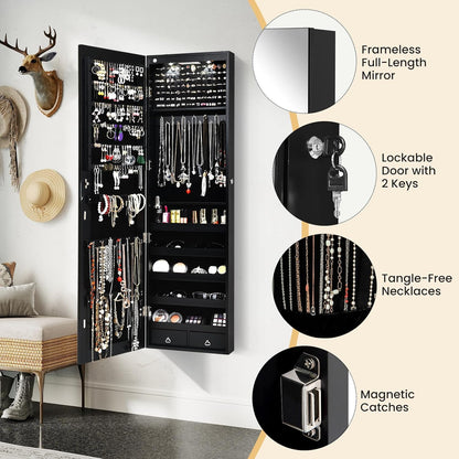 Wall Door Mounted Jewelry Armoire Cabinet with 47.5" H Full Length Mirror, 2 Leds Lockable Jewelry Organizer Box with Bracelet Rod, 2 Drawers, Large Storage Capacity (Black)