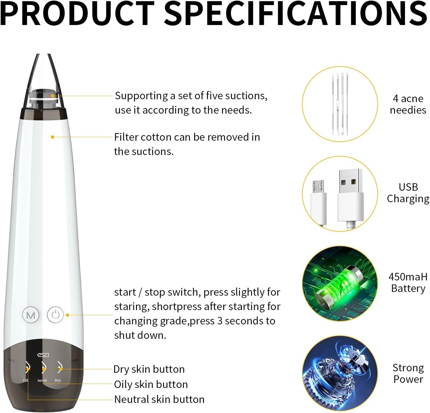 Blackhead Remover Pore Vacuum Cleaner Pimple Extractor - Facial Pore Cleaner Pore Extractor - Electric USB Pore Vacuum with 5 Probes - Blackhead Suction Tool - Blackhead Remover Kit (White)