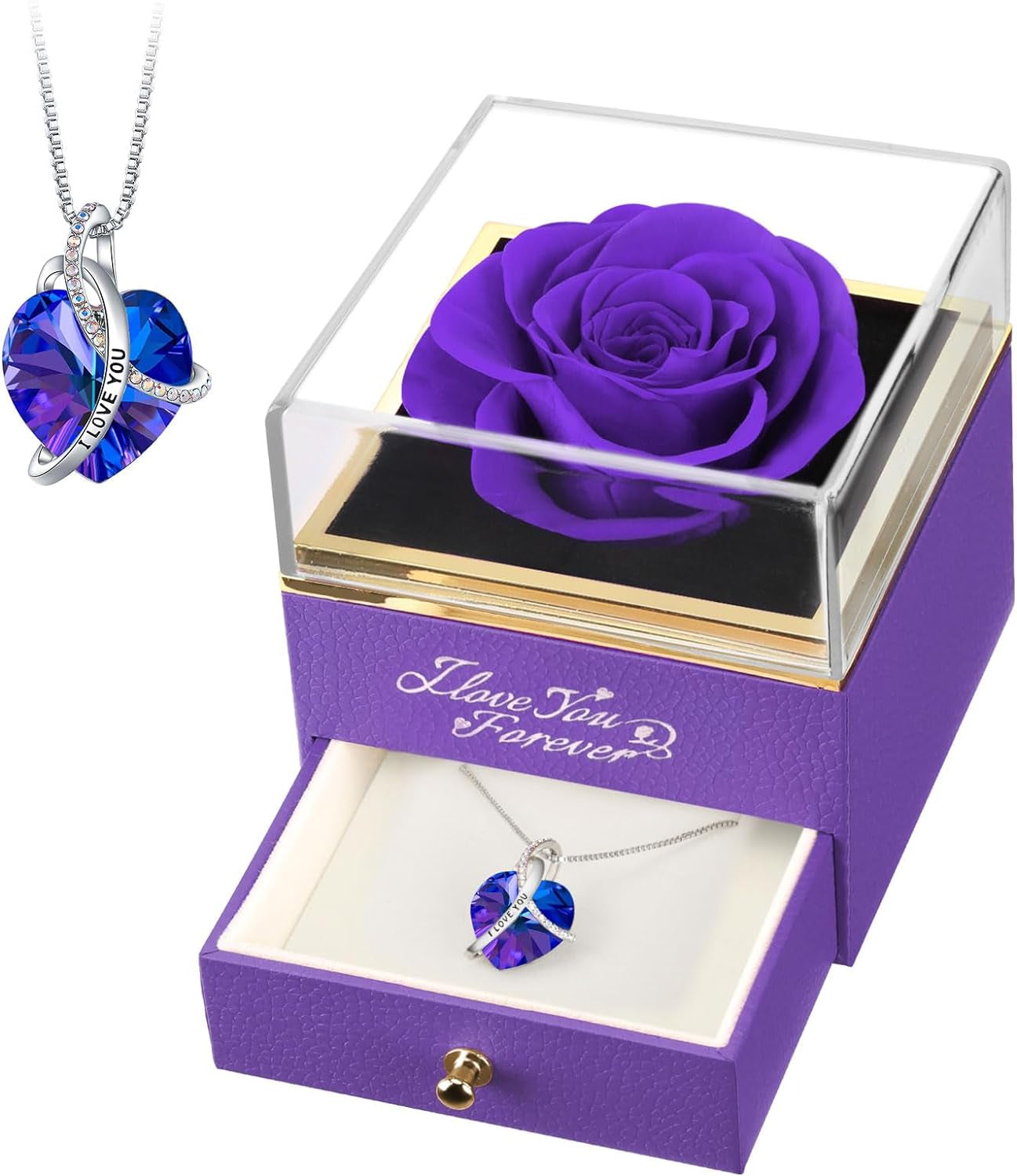 Preserved Real Purple Rose with Heart Necklace, Eternal Flowers Gifts for Mom Grandma Wife Girlfriend on Christmas, Valentines, Mothers Day, Anniversary, Birthday, I Love You Gifts for Her